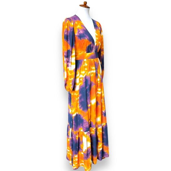 Toccin NY Womens A-Line Maxi Dress Orange Tie Dye Long Sleeve Lined Zip Ruffle 8 - Picture 4 of 15